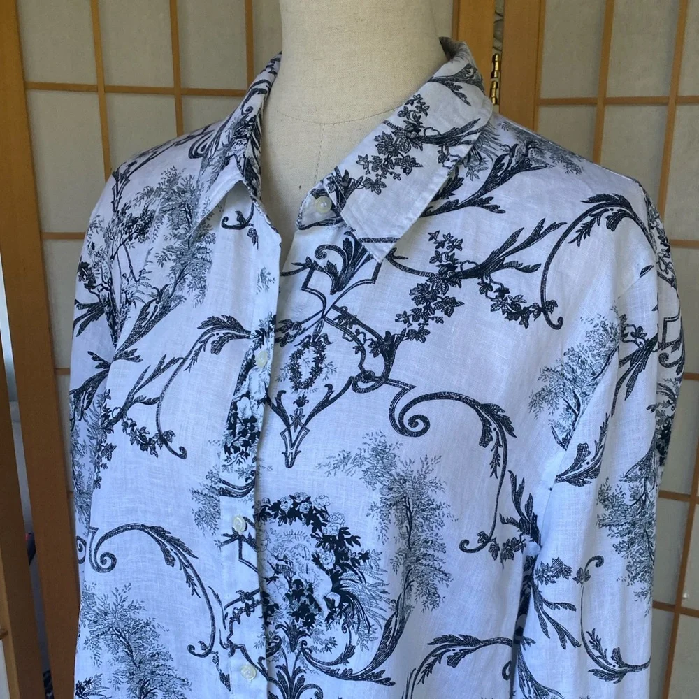 Alice Blue 100% Linen Button Up Print Blouse SZ Xl